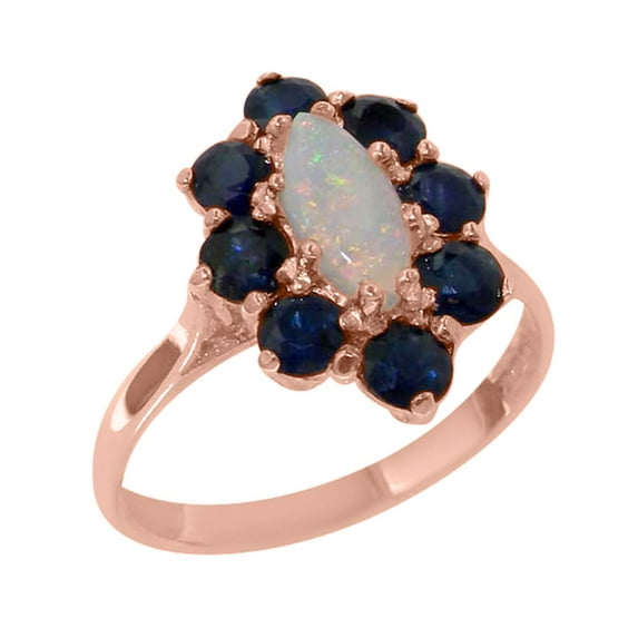 LBG British Made Traditional Solid 18k Rose Gold Ring with Natural Opal & Sapphire Womens Statement Ring - 33 size options - Size 4.25