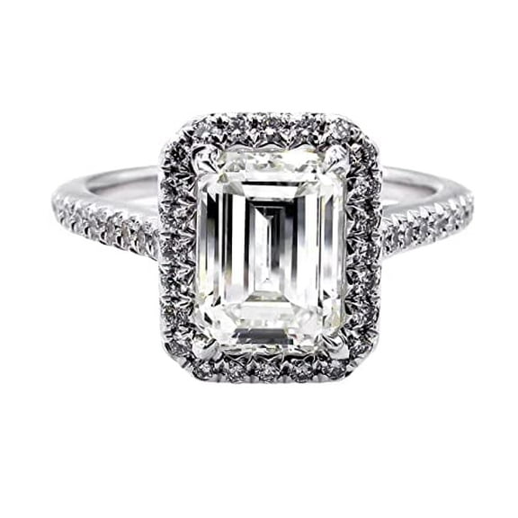 HeartsAndYou 2.5ct Emerald Cut Moissanite Halo Solitaire Engagement Ring for Women 18k White Gold over Silver