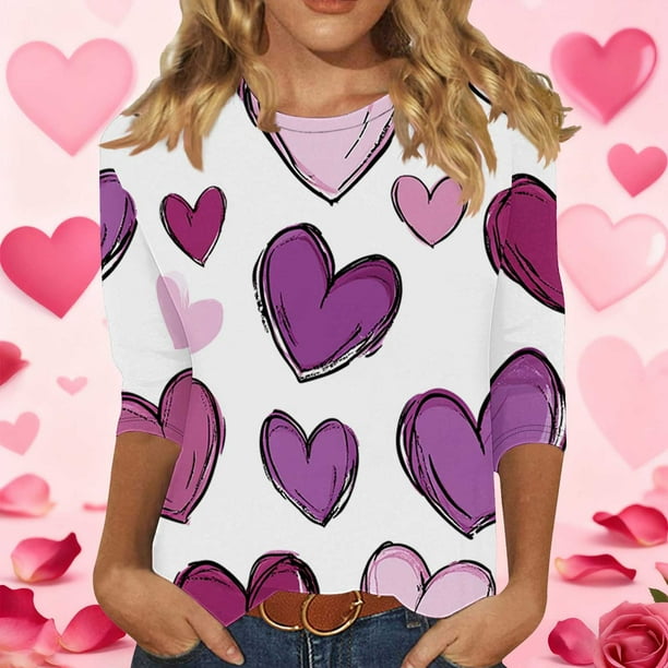 RKSTN Valentines 3/4 Sleeve Tops for Women Oversized Crewneck Valentine's Day Graphic Printed Short Sleeve T Shirt Womens Casual Round Neck Loose Comfy Loves Heart Print Three Quarter Sleeve Shirts