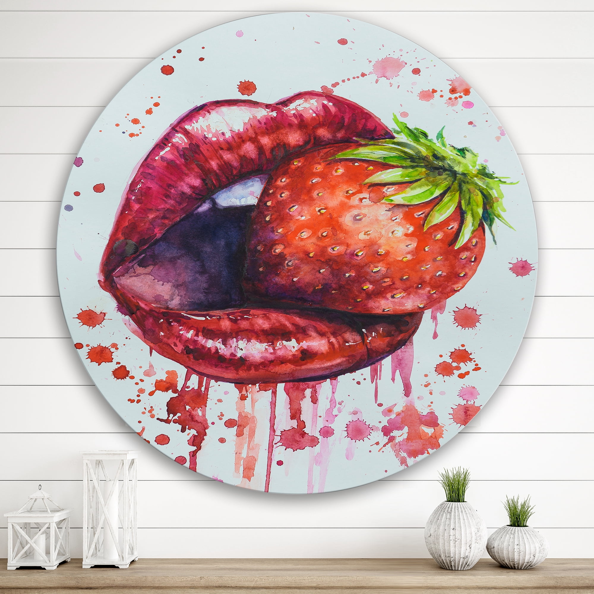 Designart 'Red Girl Lips Eating A Strawberry' Modern Circle Metal Wall Art 29x29 - Disc of 29