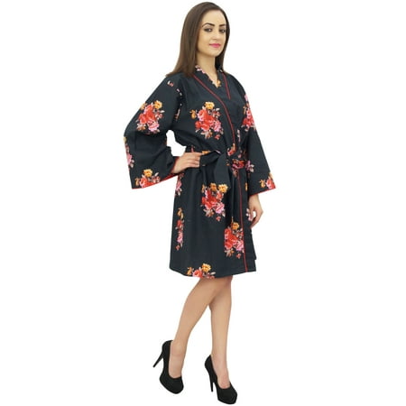 

Bimba Women Floral Print Black Full Sleeve Bridesmaid Kimono Robe With Belt - 4