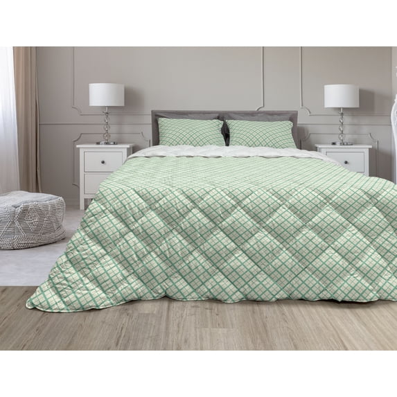 Retro Comforter & Sham Bedding Set, Checked Pattern with Thick and Thin Lines Symmetrical Geometric Monochrome Print, 3 pcs Duvet Set Microfiber Filling Quilt, 5 Sizes, Green and Cream, by Ambesonne