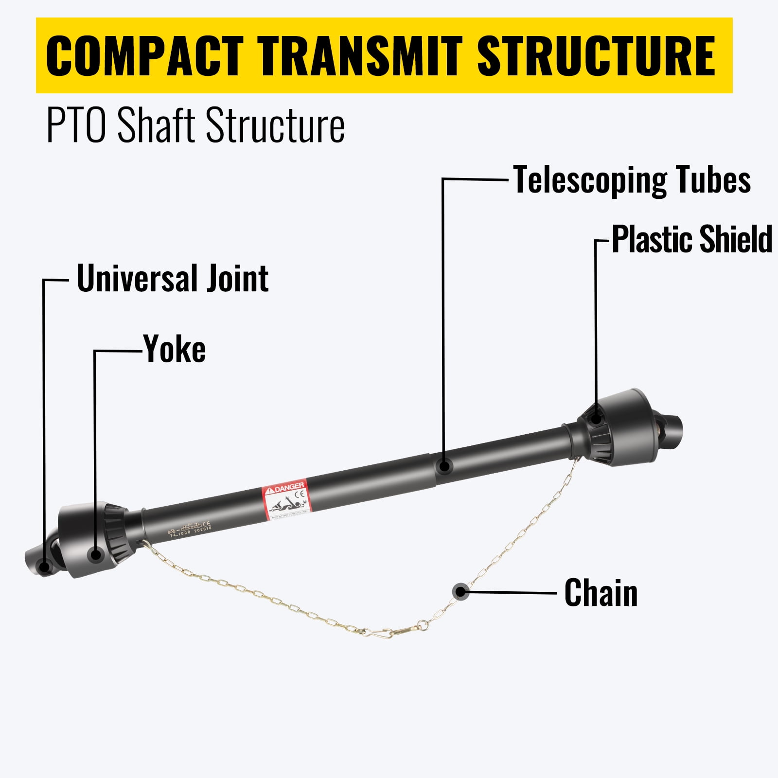 VEVOR 1-3/8” PTO Drive Shaft, 6 Spline Tractor and Round Implement End, 30” - 39” Brush Hog, Black, for Finish Mower, Rotary Cutter