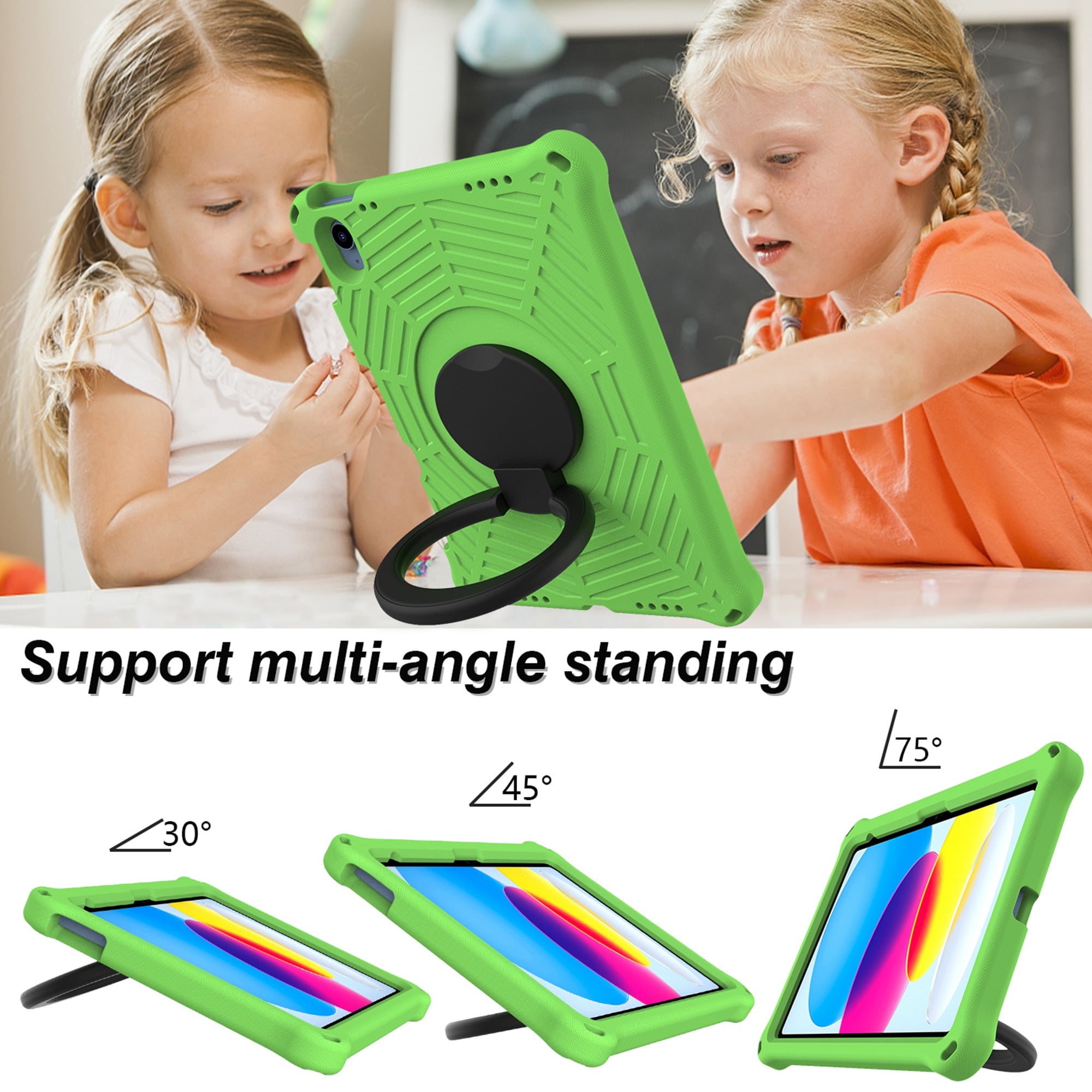 TECH CIRCLE iPad 10th Generation Case 2022 10.9 inch A2696 A2757 A2777, Heavy Duty Rugged Silicone Case with Swivel Ring Stand/Stable Kickstand/Shoulder Strap/Pencil Holder, Green