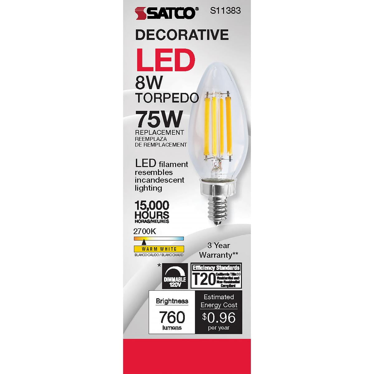 Satco S11383 C11 LED Filament Candle Light Bulbs 8W 120V 2700K Warm White Light E12 Candelabra Base Dimmable (6 Pack)