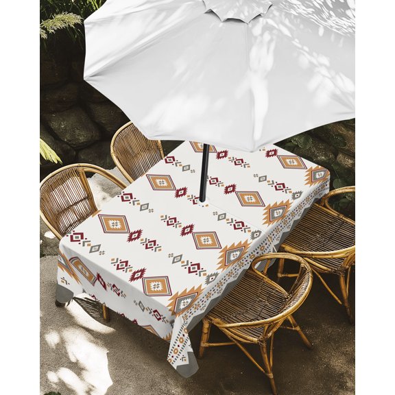 Outdoor Tablecloth with Umbrella Hole, Retro Bohemian Tribal Texture Zippered Table Cloth for Rectangle Tables, Abstract Southwest Ethnic Art Washable Waterproof Tablecloths for Picnic Patio Garden