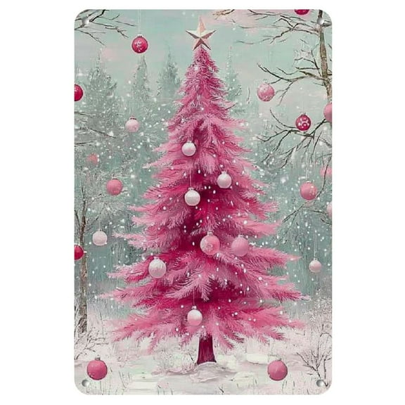 Whimsical Pink Christmas Trees Iron Tin Sign - 8x12 Festive Wall Art, Durable Metal Decor for Home, Bedroom, Cafe, Bar, Garage - Vintage Style with Snowflakes and Ornaments, Indoor/Outdoor Use