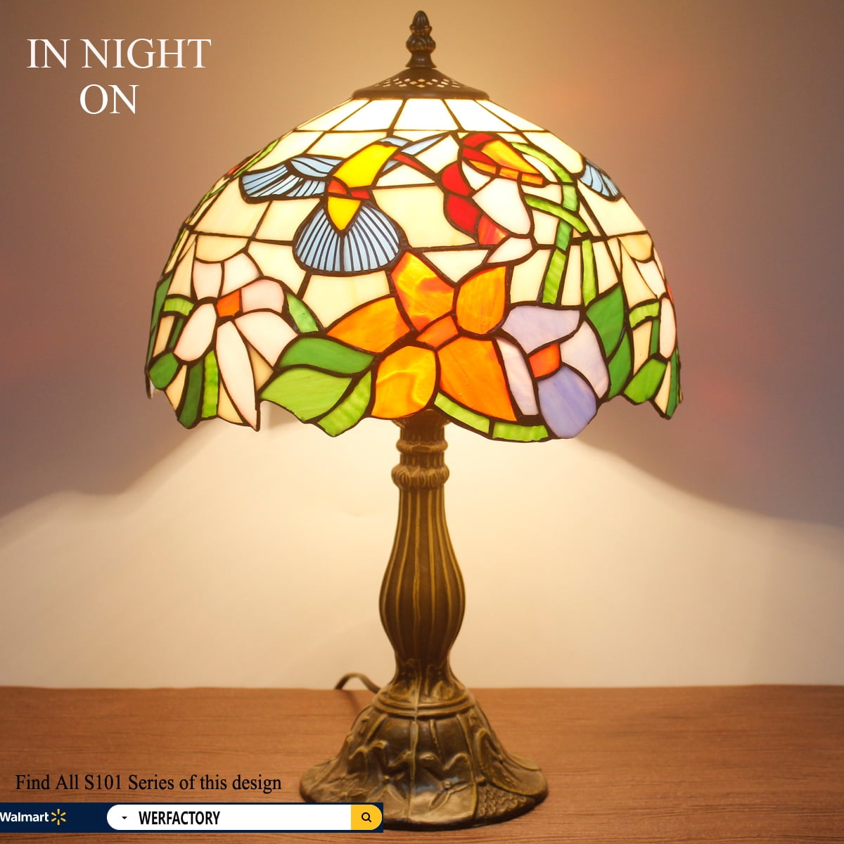 Tiffany Lamp W12H18 Inch Hummingbird Stained Glass Reading Table Bedside Desk Light S101 WERFACTORY Lamps Antique Art Craft Gift Parent Girlfriend Lover Kid Living Room Bedroom Study Coffee Bar Deco