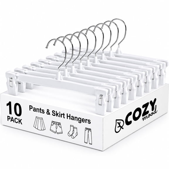 Cozymood 10 Pack Pants Hangers with Clips, 12 Inch Plastic Skirt Hangers, Non Slip Adjustable Clips for Pants, Jeans, Shorts and Skirts