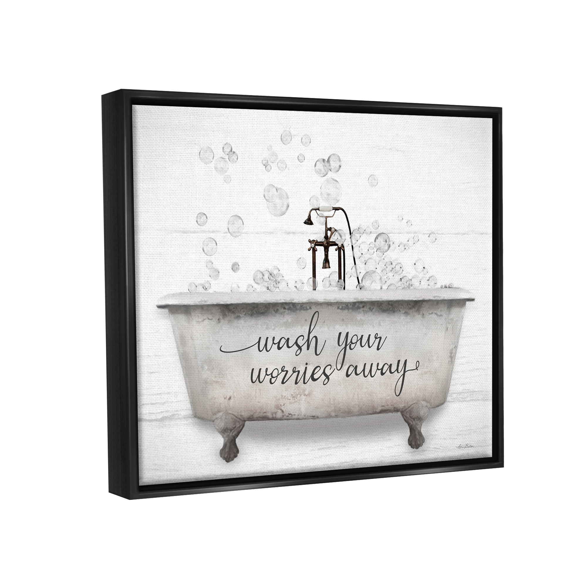 Stupell Wash Your Worries Away Tub Bubbles Typography Painting Black Floater Framed Art Print Wall Art