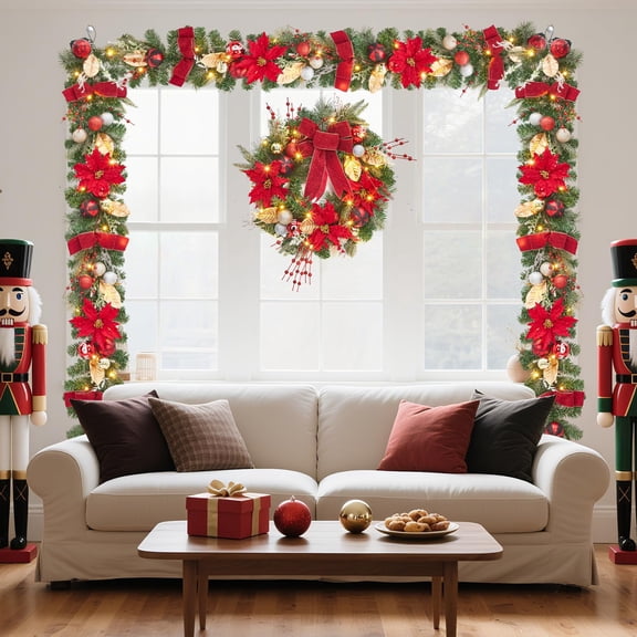 6FT Christmas Decorations Red Gold Christmas Garland with Bows & Ornaments, Winter Wreath PVC Artificial Greenery for Mantel, Staircase, Indoor Outdoor Holiday Decor