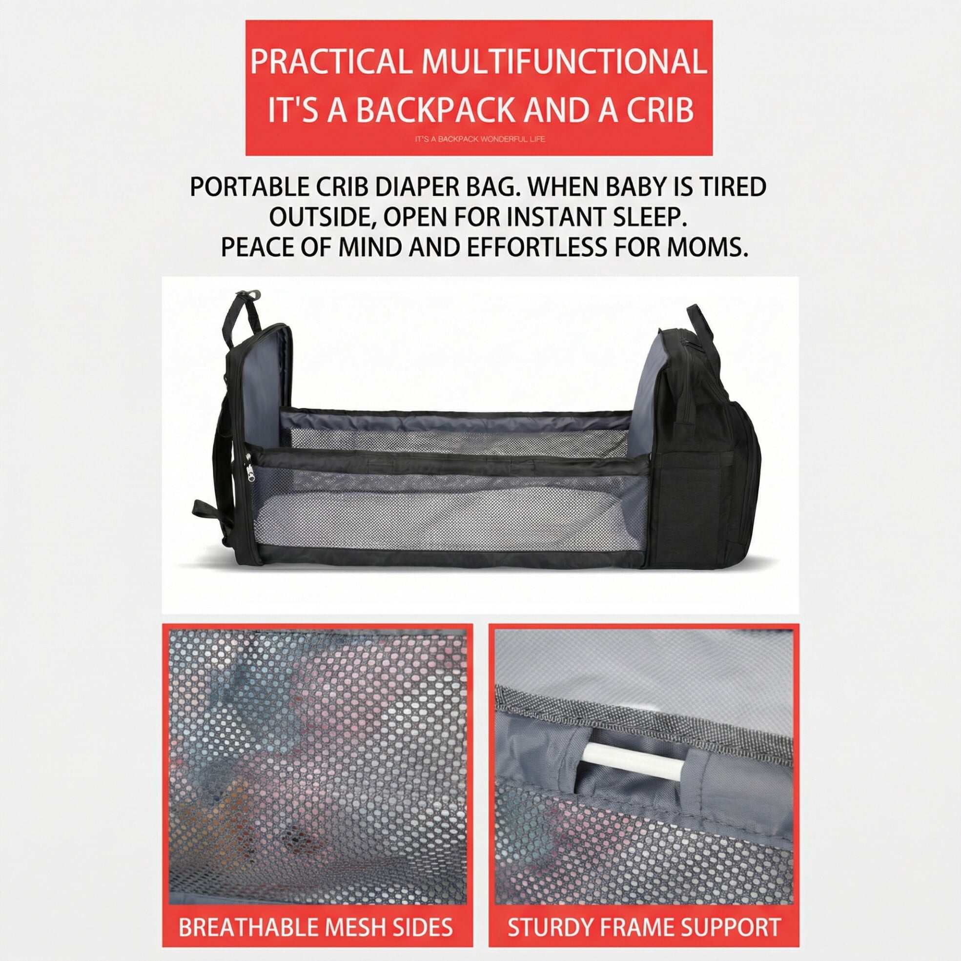 Baby diaper bag, backpack-style diaper bag, large waterproof baby bag, baby travel bag, with diaper pad and USB charging port, a great baby christening gift for mom, black.
