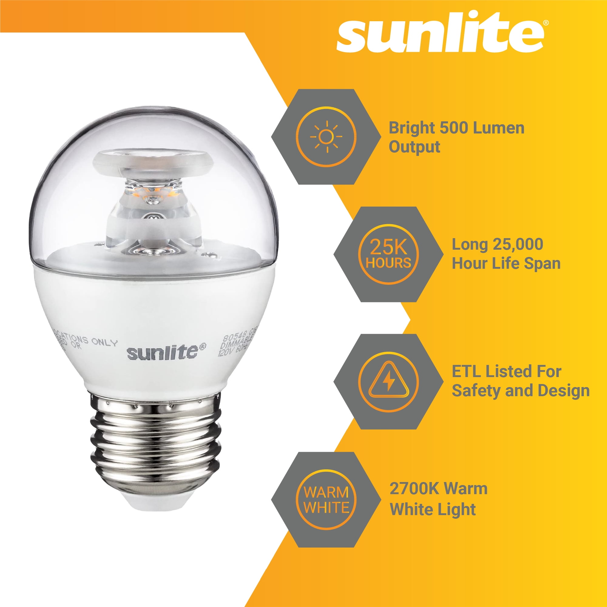 Sunlite LED G16 Globe Light Bulb, 7 Watts (60W Equivalent), Medium E26 Base, Dimmable, Clear, UL Listed, 2700K Warm White, 6-Pack