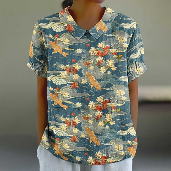 Shirts for Women Plus Size Short Sleeve Round Neck Printing Casual Cropped Loose Shirt Multicolor L