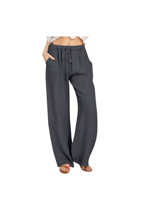 Linen Pants Women, Wide Leg Sweatpants with Pockets Work Pants Summer Casual Drawstring Pants
