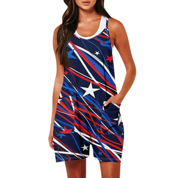 One Piece Jumpsuits for Women Casual Printed Round Neck Sleeveless Suspenders Loose Summer Rompers Jumpers with Pockets