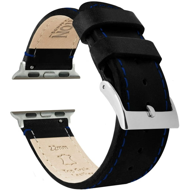 Correa de reloj BARTON de piel negra y costuras azules para Apple