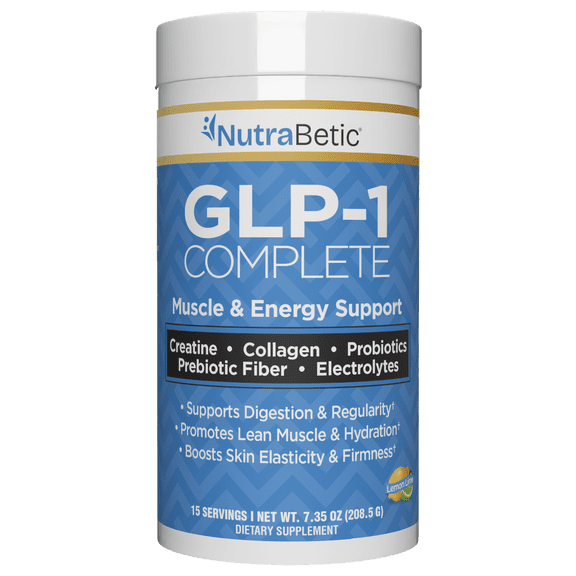 NutraBetic GLP-1 Complete Muscle-Energy Support Powder, Promotes Lean Muscle, Hydration & Digestion, Natural Lemon Lime, 6g Fiber, 7.35oz, 15 Servings