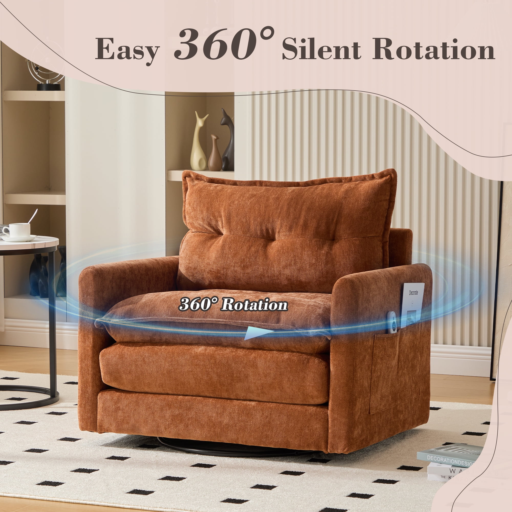 MOOBMISS 360°Swivel Accent Chair, Chenille Upholstered Armchair with Side Pockets & Cushion, Modern Accent Chair with Metal Base for Living Room Bedroom,Brown
