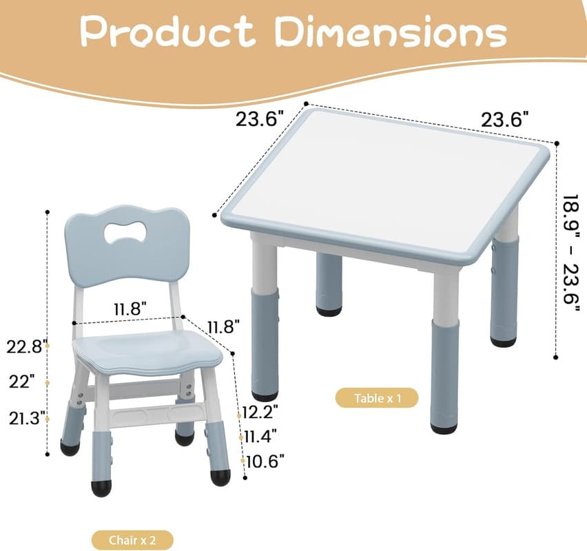 EastVita Kids Table and 2 Chairs Set, Height Adjustable Toddler Table and Chair Set, Graffiti Desktop, Children Multi-Activity Table for 2, Kids Study Table for Home Daycare Preschool for Ages 2-8