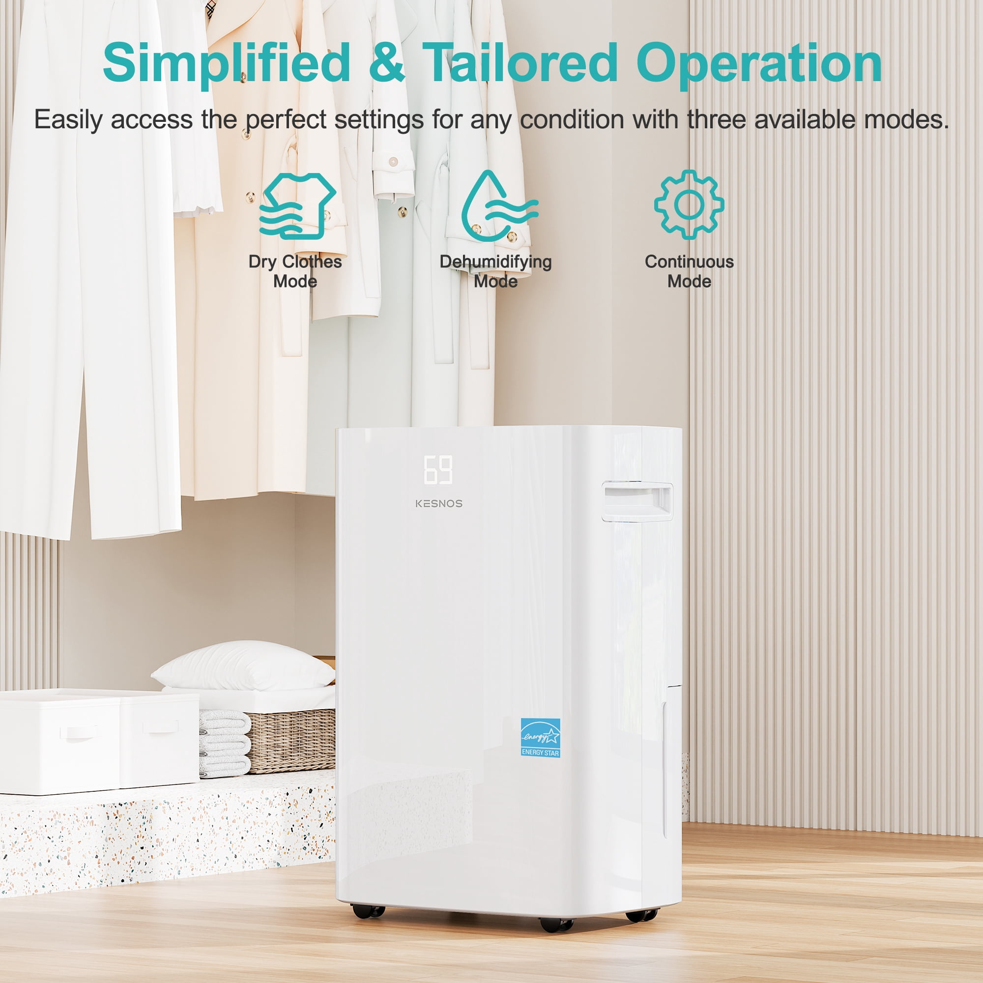 Kesnos 52 Pint Dehumidifier for Home & Basements, Energy Star, DOE 16 Pint, 4500 Sq. Ft, Continuous Drain Hose