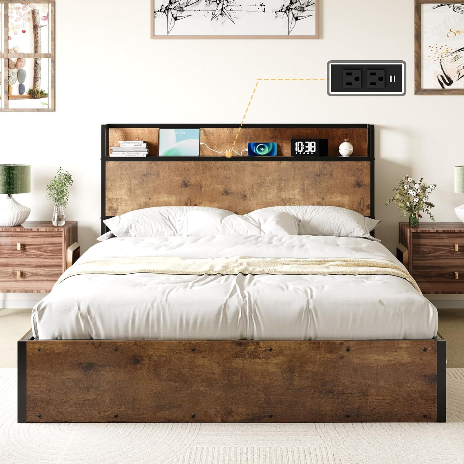 VanAcc Full Size Lift up Storage Bed Frame, Wooden Platform Bed Frame with Lifting Storage & Charging Station, Rustic Brown