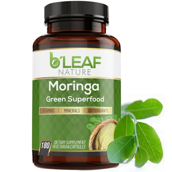 Organic Moringa 180 Capsules 1000mg - Immune System and Energy Booster - Pure Leaf Powder - Vegetarian Caps by B'Leaf Nature