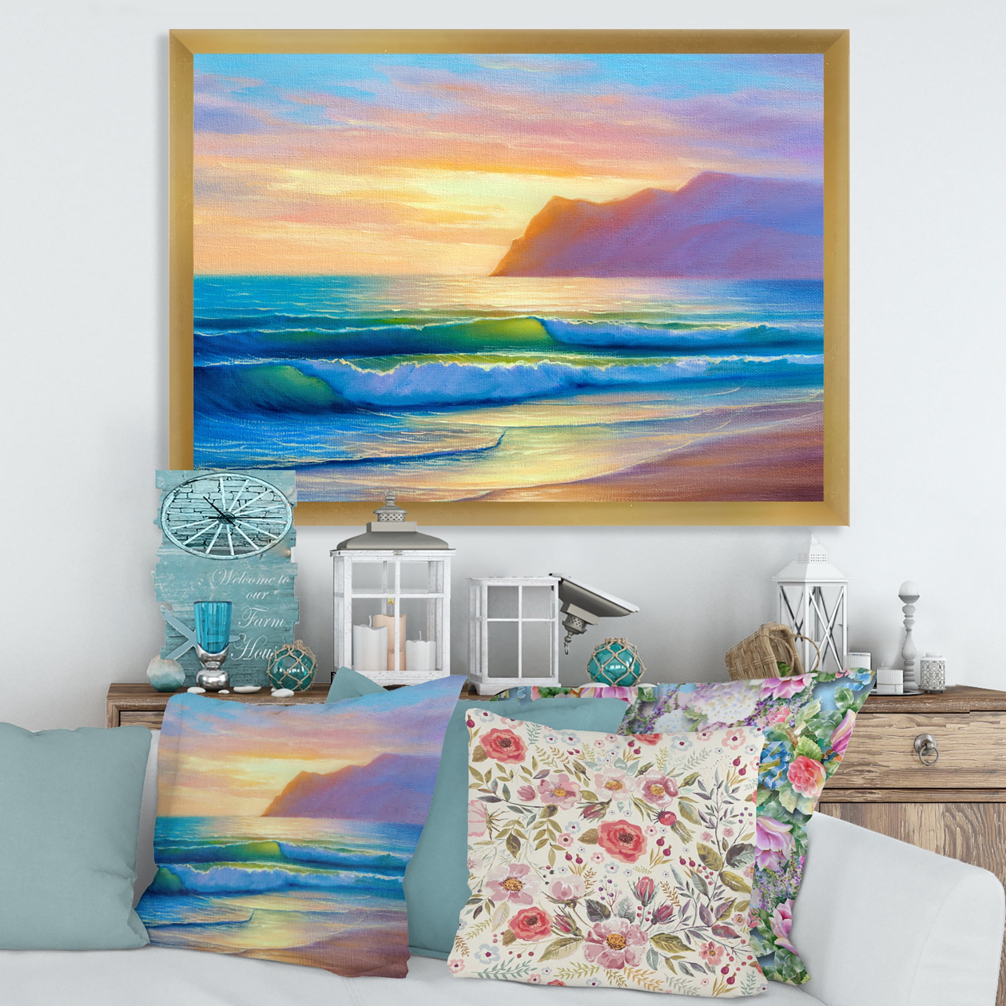 Designart 'Sunrise Glow On The Sea Waves IV' Nautical & Coastal Framed Art Print