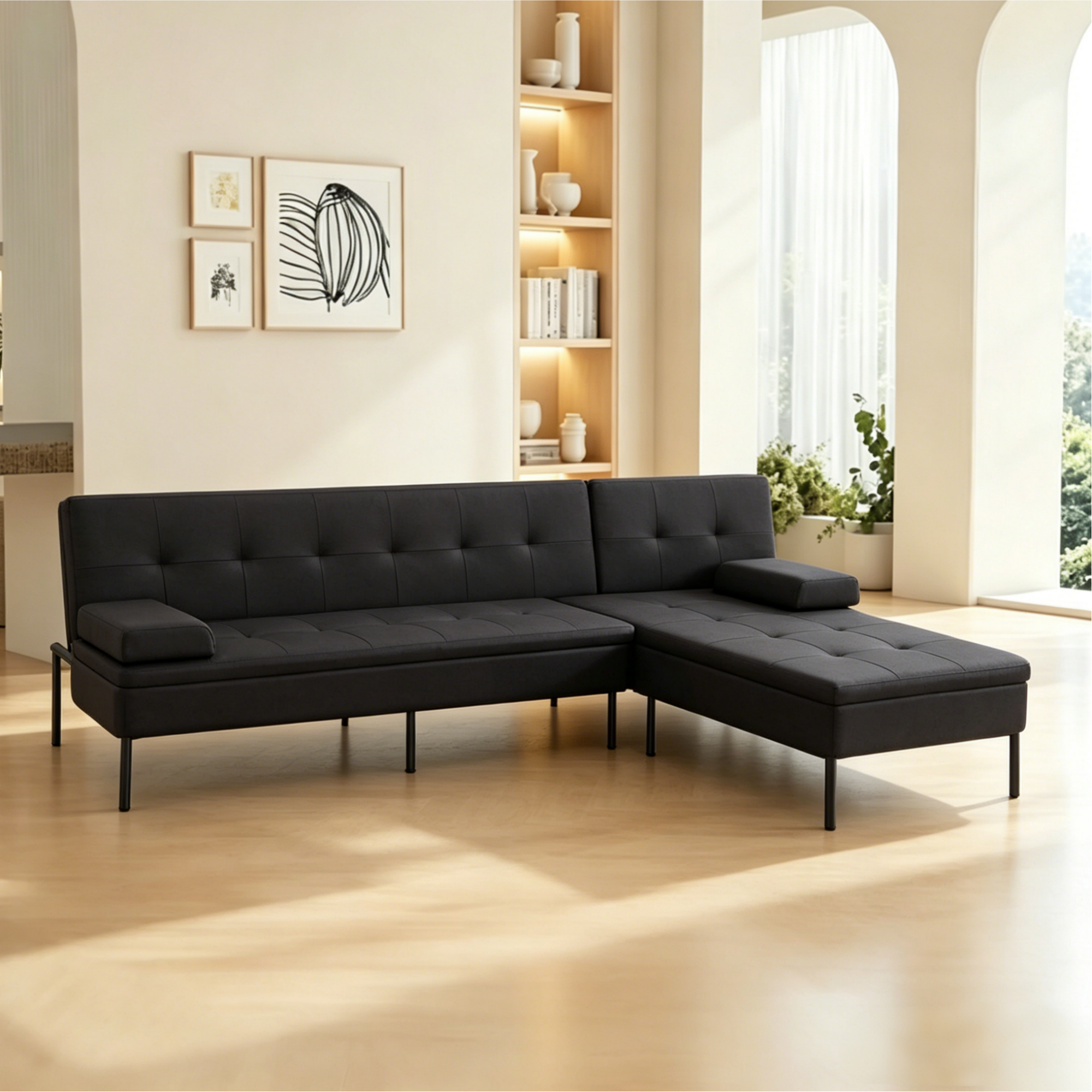 Gewnee 89.4” Sofa Sleeper Bed L-Shaped Sectional Couches,Convertible Sofa Bed for Living Room,Apartment（Black）