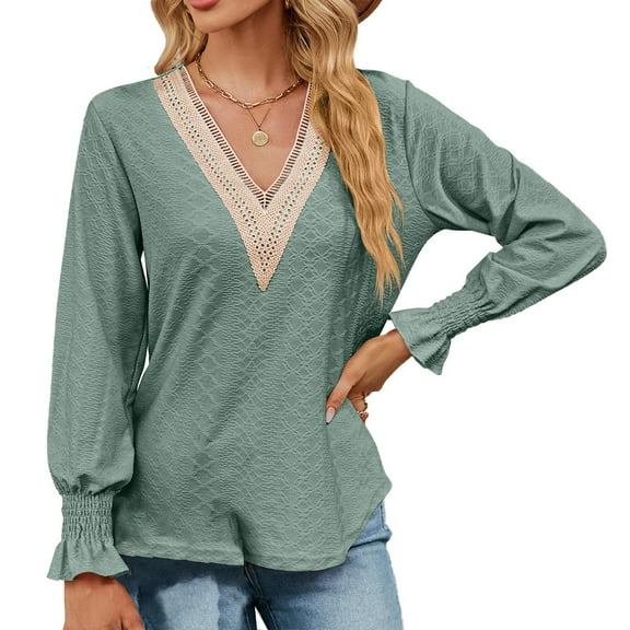 yievot Women Solid Color V-Neck Long Sleeve Casual Top Blouse