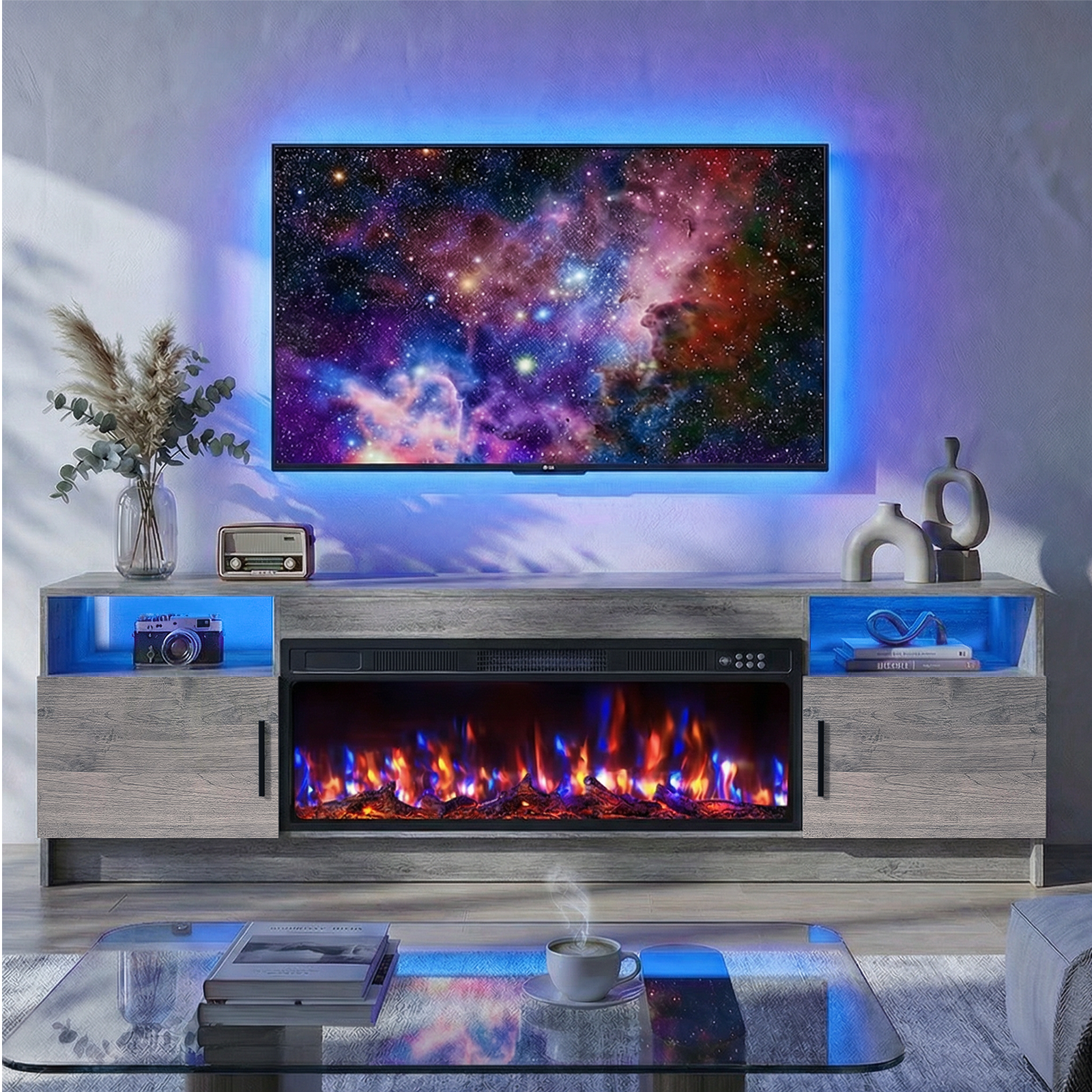 Flictozena 70" TV Stand with 36-Inch Electric Fireplace, Adjustable LED Lights & Storage | Fits TVs Up to 80 Inches | Modern Entertainment Center with Gray Doors