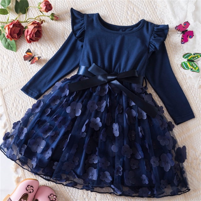YUTK 5T Dresses for Girls on Clearance Girls' Fall and Spring New Long Sleeve Ruffled Lace Round-Neck Embroidery Mesh Princess Bow Skirt Blue