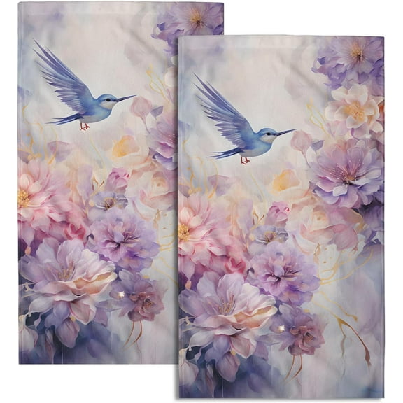 Spring Floral Hummingbird Hand Towels - Spring Summer Flowers Bathroom Towel Purple Pink Wildflower Kitchen Dish Towel Decorations for Cooking Tea Gym Spa