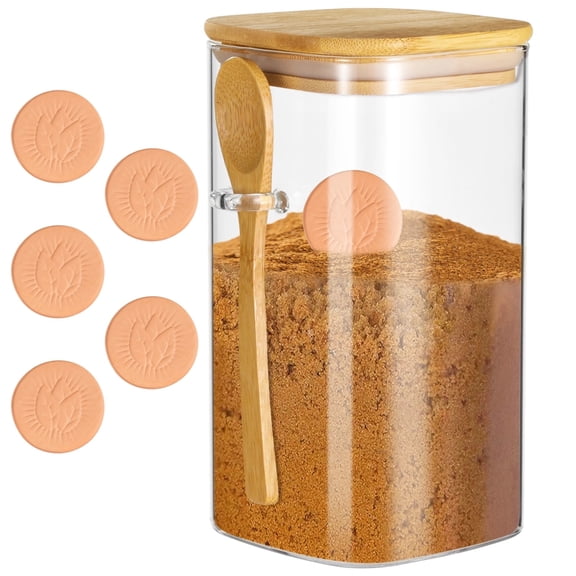 Brown Sugar Storage Container, Glass Sugar Keeper with 5 Terra Cotta Savers, Airtight Food Storage with Wooden Lid and Spoon, Reusable Transparent Jar, 1500 ml/50.7 oz