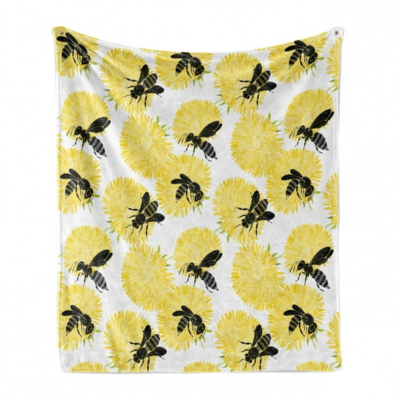 Bee Soft Flannel Fleece Blanket, Bees and Dandelion Flowers in Nature Detail Theme on White Background Print, Cozy Plush for Indoor and Outdoor Use, 50" x 70", Yellow Black and White, by Ambesonne