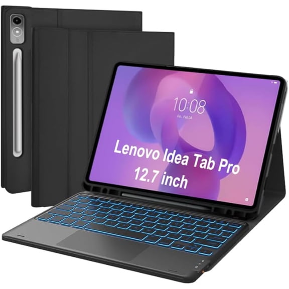 Black Auto Sleep/Wake Magnetic Keyboard Folio with 7-Color Backlit Touchpad for 12.7-inch Lenovo Idea Tab Pro (2025)