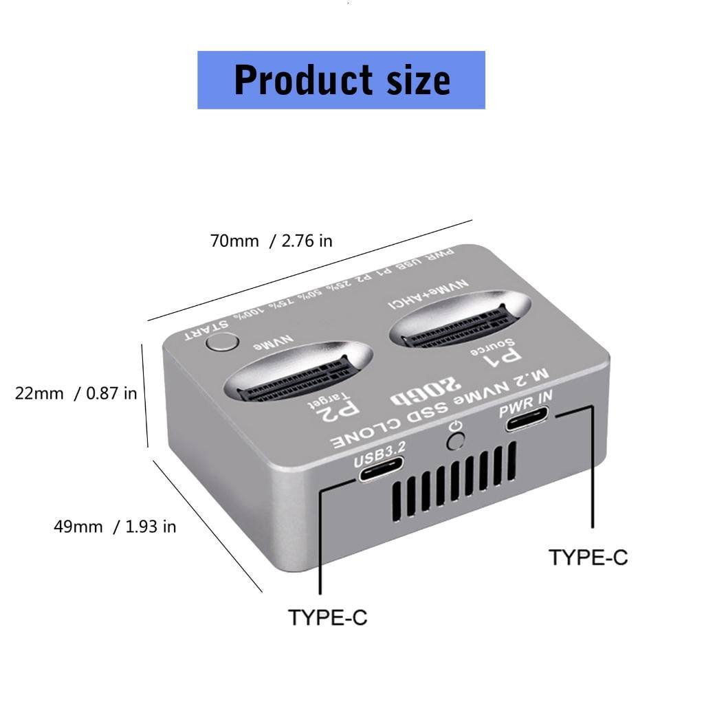Necvior Double Bay Docking Station NVME SSD Clone USB3.2 Type C State Drives Reader M.2 NVME External Hard Disk Box for M.2 SSD