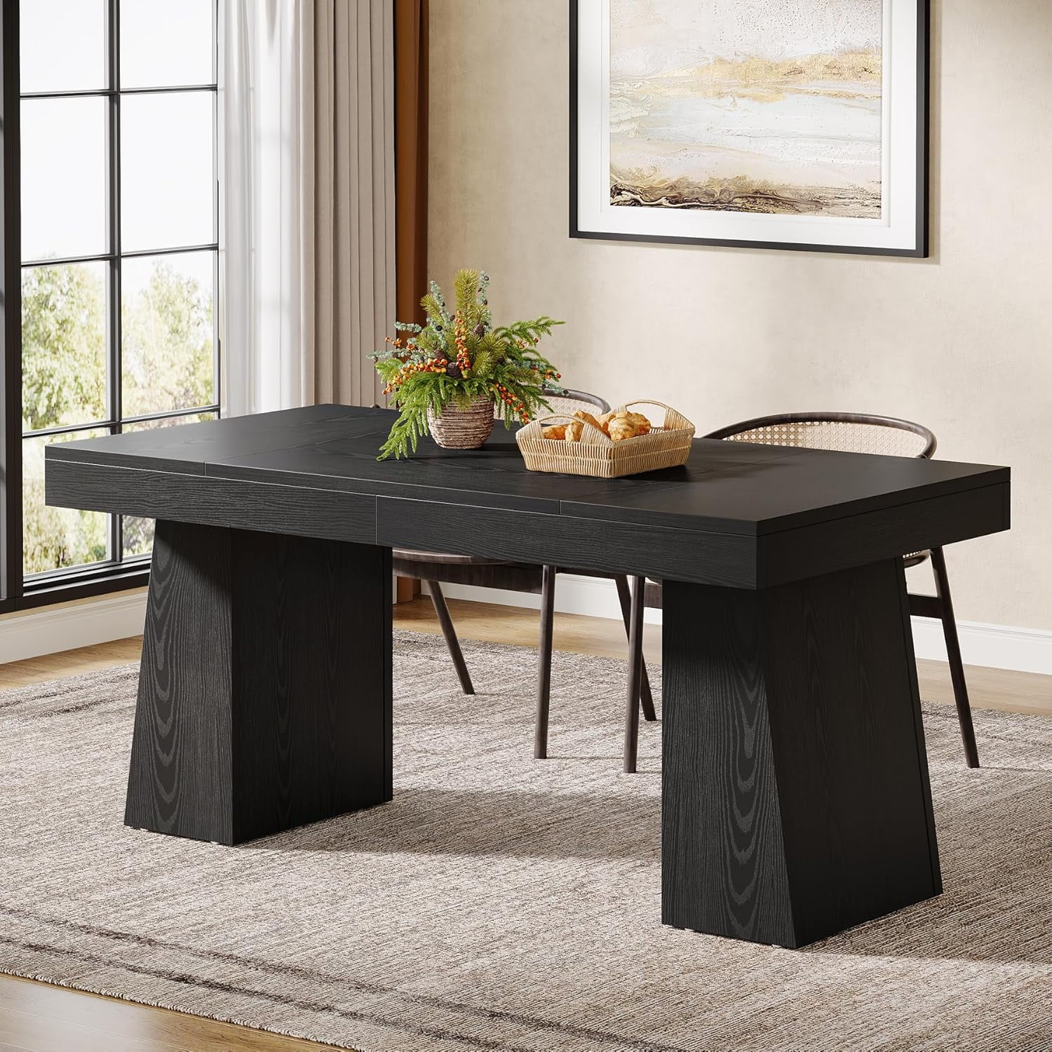 Rectangular 55" Dining Table for 4-6, Mid-Century Modern Kitchen Dining Table, Black
