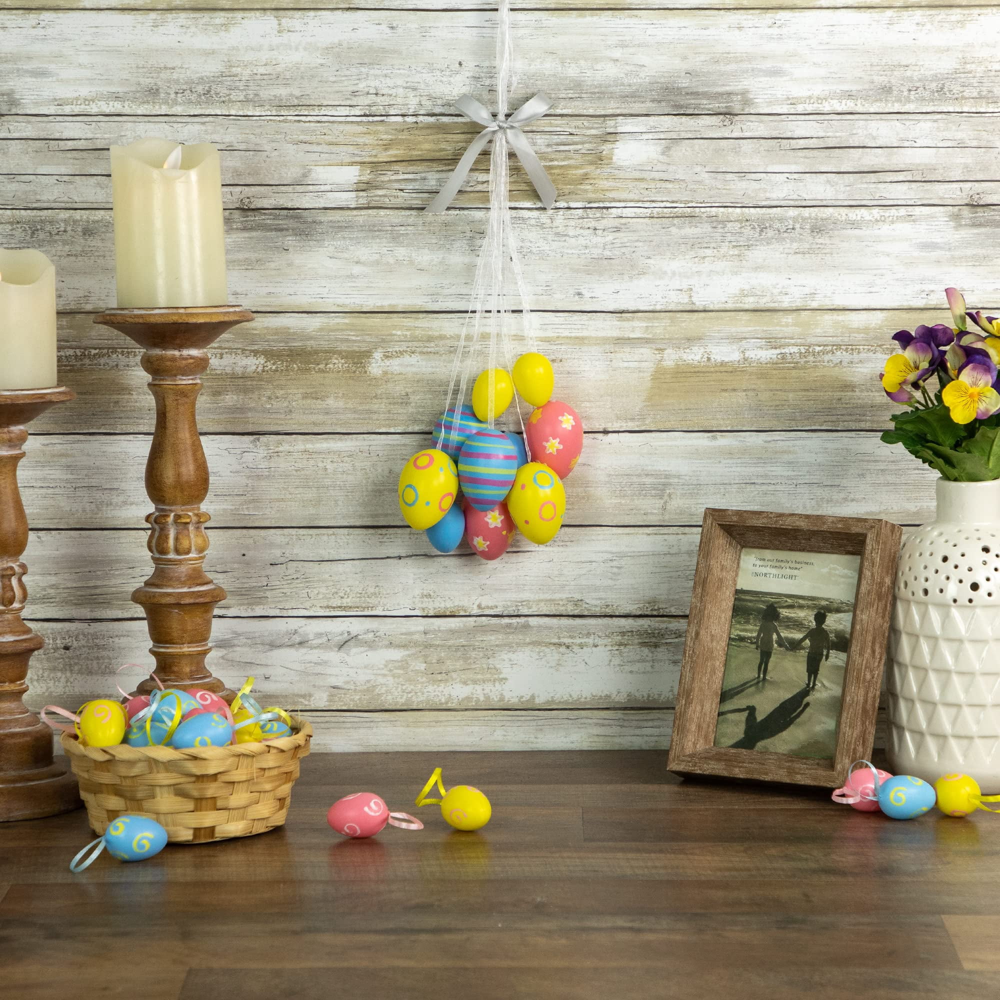 17" Pastel Yellow Blue and Pink Floral Striped Spring Easter Egg Cluster Hanging Decoration