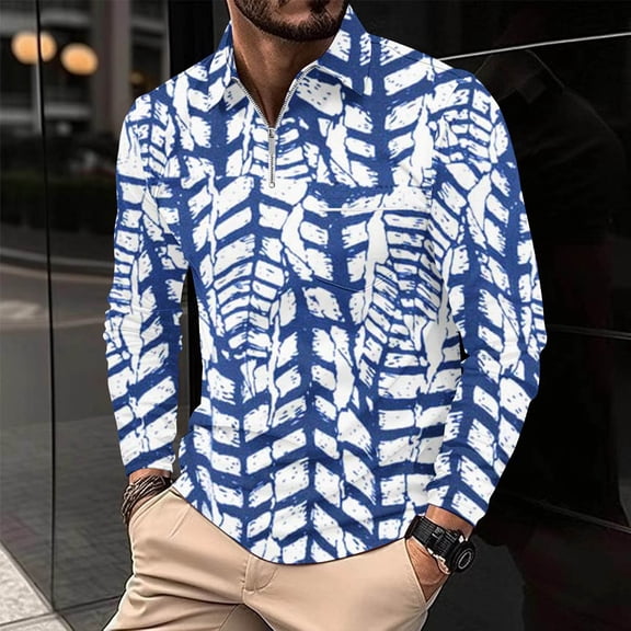 Zylanna Men's Long Sleeve Polo Shirts with Chest Pocket, Turndown Collar Printed Slim Fit Spring Fall Casual Pullover Tops for Man Navy