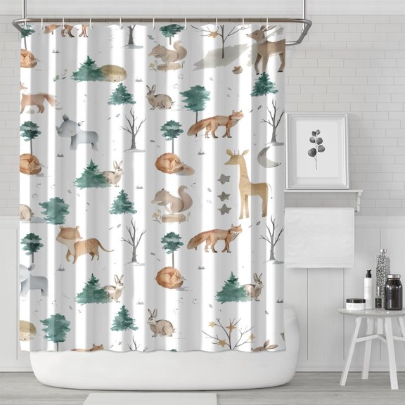 White Christmas Forest Animal Pattern Shower Curtain 84"x72" ,Bathroom Decorative Shower Curtains Set with 12 Hooks,Modern Waterproof Washable Shower Curtain
