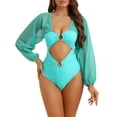 thumbnail image 1 of Bikini de mujer con corte en anillo y escote en V, traje de baño de una pieza con mangas largas y control de abdomen, color azul cian, tamaño X-Large, 1 of 5