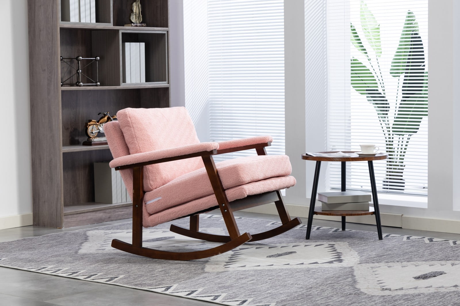 Mid Century Modern Accent Rocking Chair with Wood Frame, Upholstered Reading Armchair for Living Room, Bedroom, Nursery & Sunroom, Light Pink