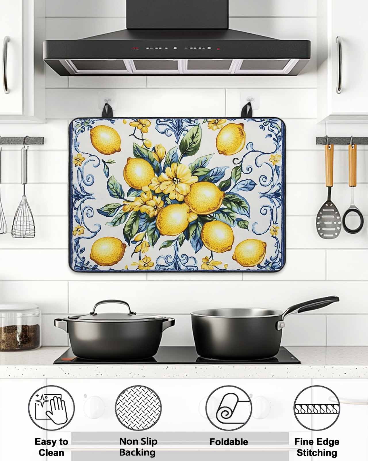 Stove Top Covers for Electric Stove, Yellow Lemon Glass Stovetop Cover Protector, Middle Century Blue Italian Textured Induction Cooktop Protector Oven Mat for Kitchen Countertop 24"x21"