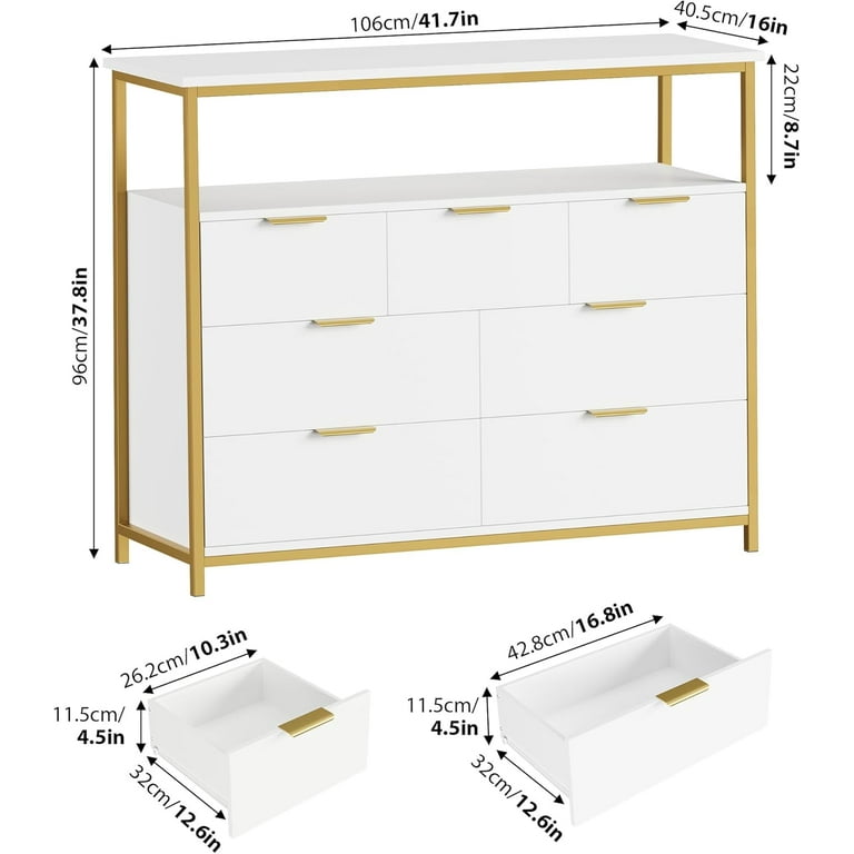 Modern 7 Drawer Dresser, White Dresser with Metal Handles, White and Gold Dresser, Tall Dresser Chest of Drawers, Large Capacity Chest Storage Organizer for Living Room, Entryway, White.