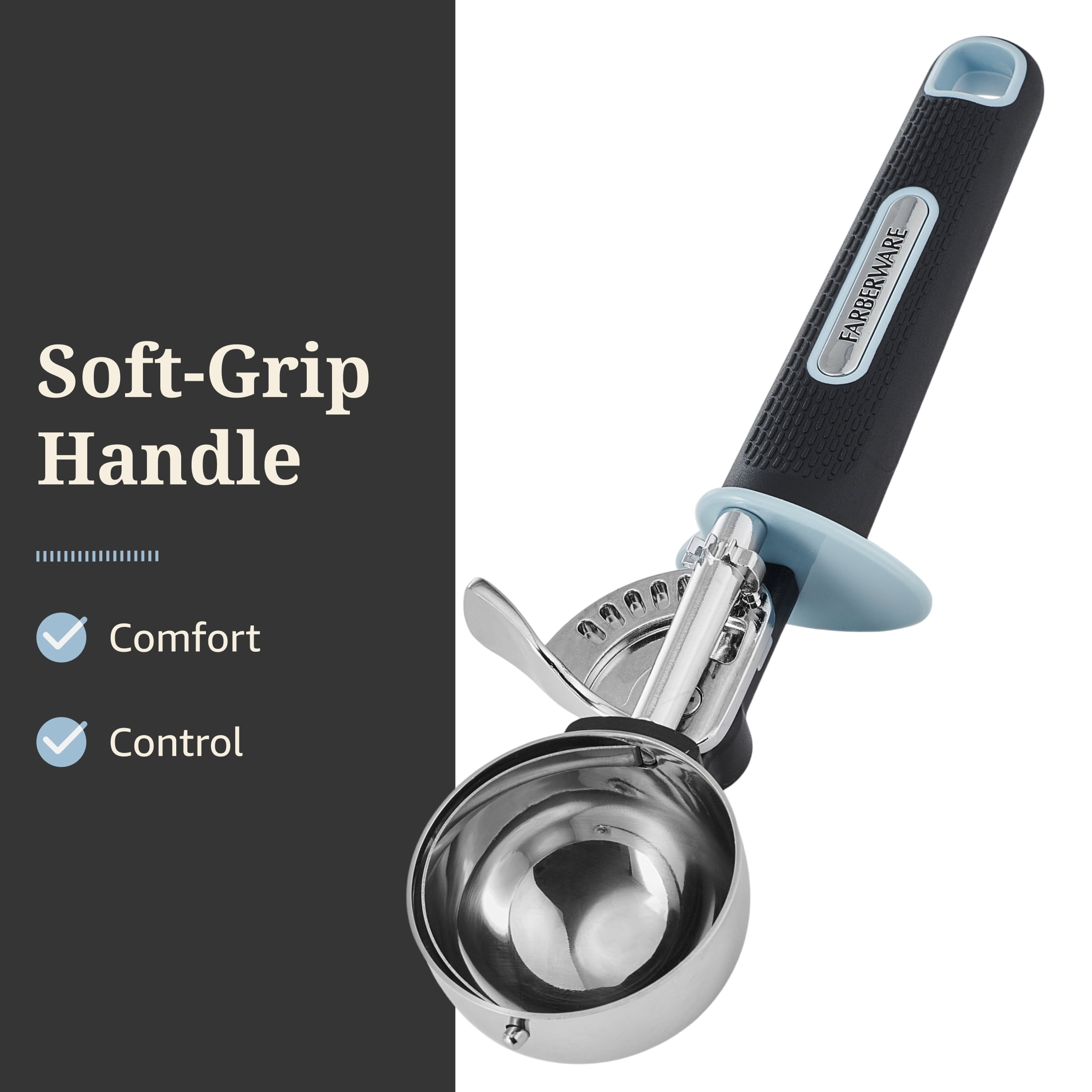 Farberware Soft Grips Trigger Ice Cream Scoop Black Handle with Slate Blue Accents