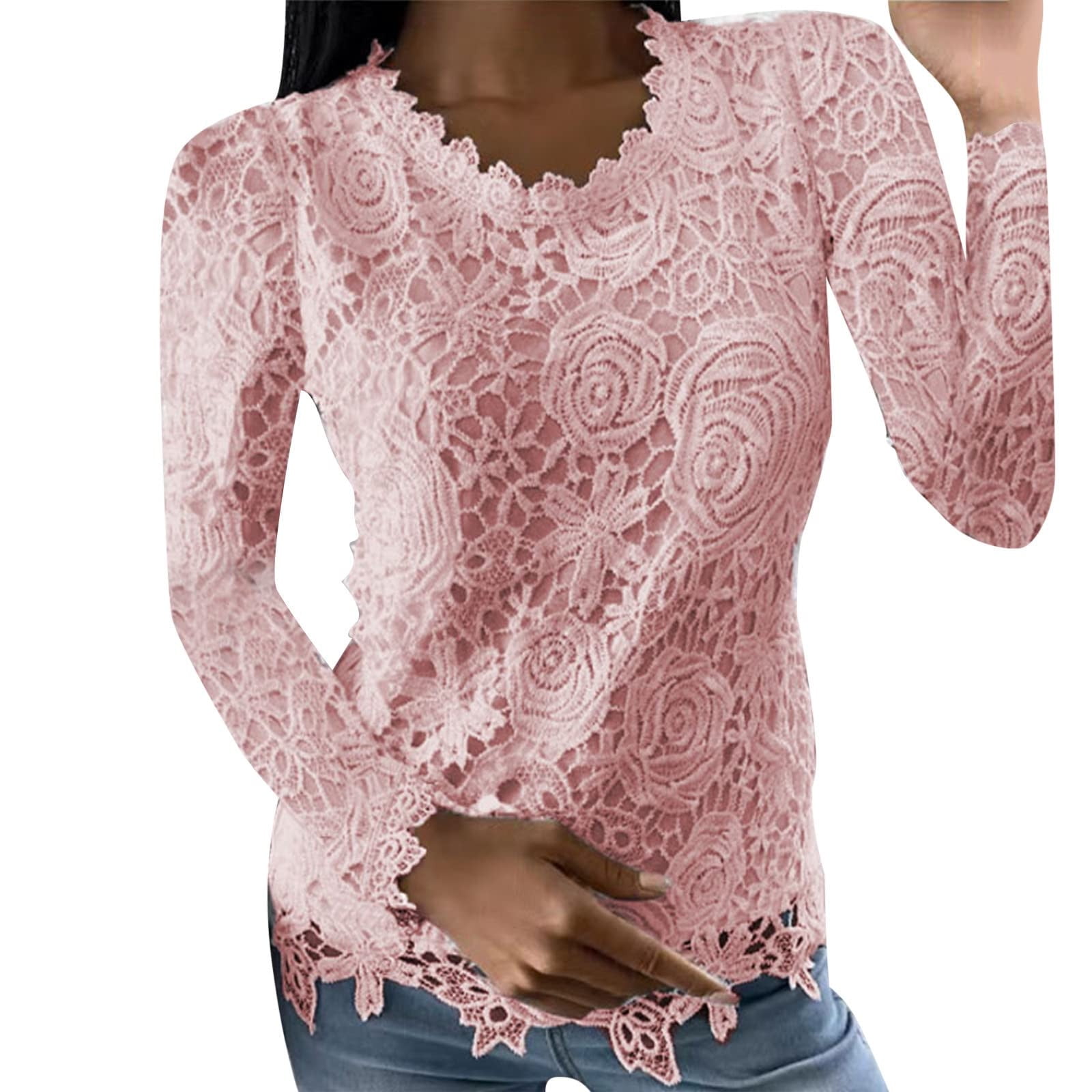 USSUMA Lace Shirts for Women Floral Lace Blouse O-Neck Long