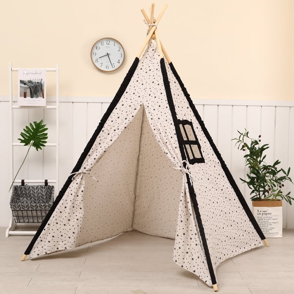 Indian Teepee Tent Kids play tent teepee tent for kids,play house,indoor ourdoor teepee tent/play house,100% Natural Cotton Linen Canvas Teepee Tent, Perfect for Gift(Black Window)