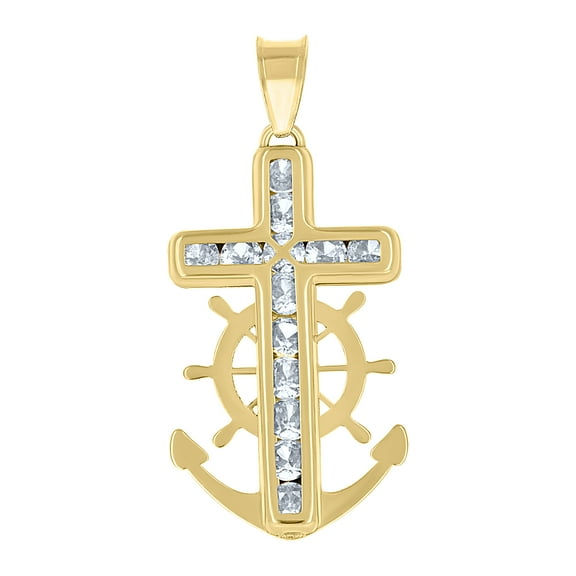 14k Yellow Gold Unisex Cz Anchor Cross Religious Charm Pendant