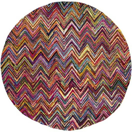 36 Round Hooked Rug - 8' Electric Chevrons Magenta Pink, Cornsilk Yellow and Sea Blue Hand Hooked Round Area Throw Rug